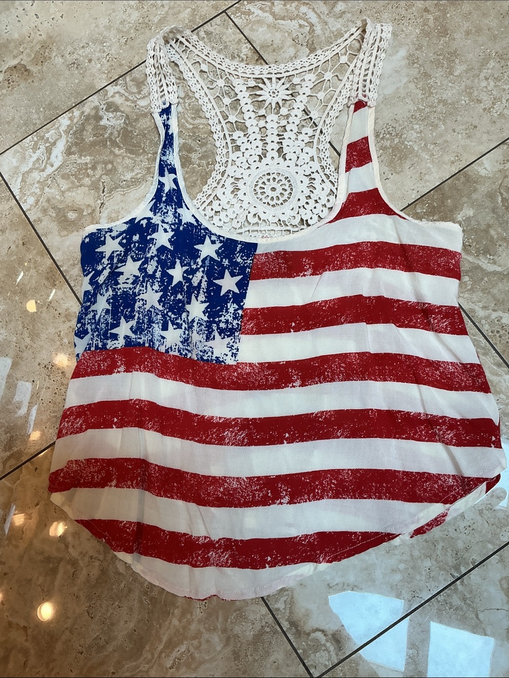 Rue21 Red, White & Blue American Flag Crochet Racerback Tank